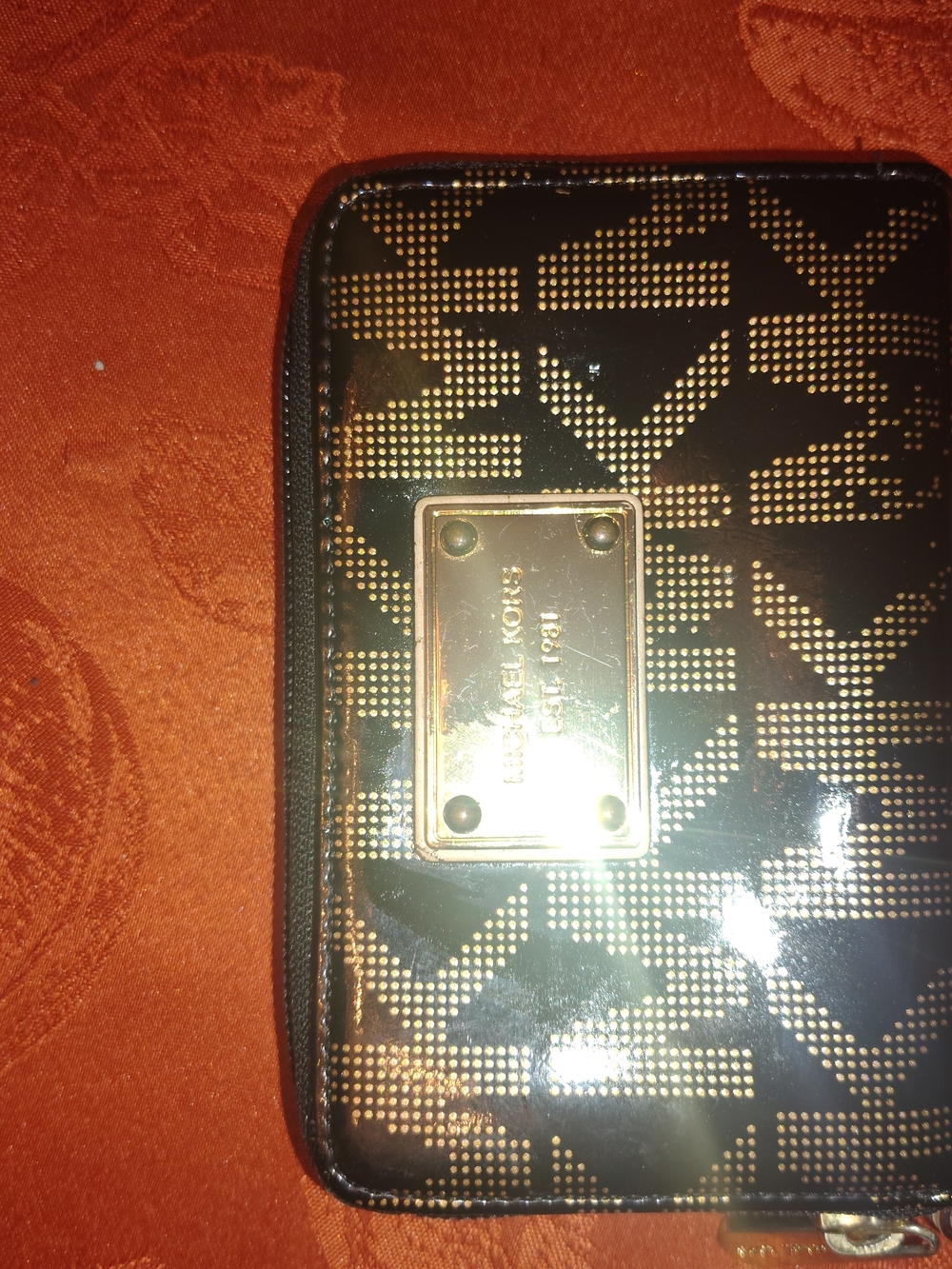 Michael Kors Black and Gold Monogram Patent Wristlet